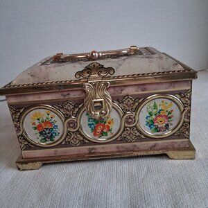 Vintage Pink Gold Floral Tin Bank Trinket Box Blue Bird Confectionery England